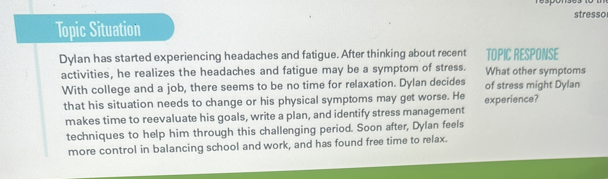  Topic Situation Dylan has started experiencing headaches and fatigue. After thinking