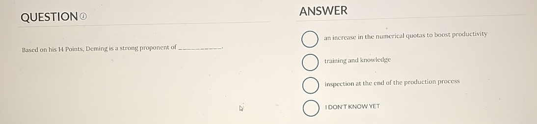  QUESTION ANSWER Based on his 14 Points, Deming is a strong