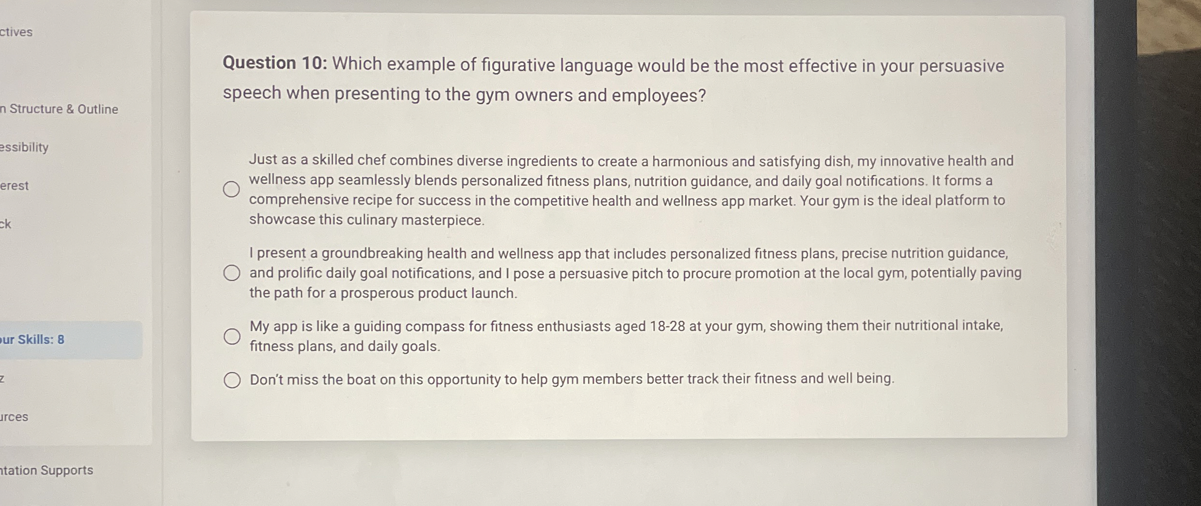  Question 10: Which example of figurative language would be the most