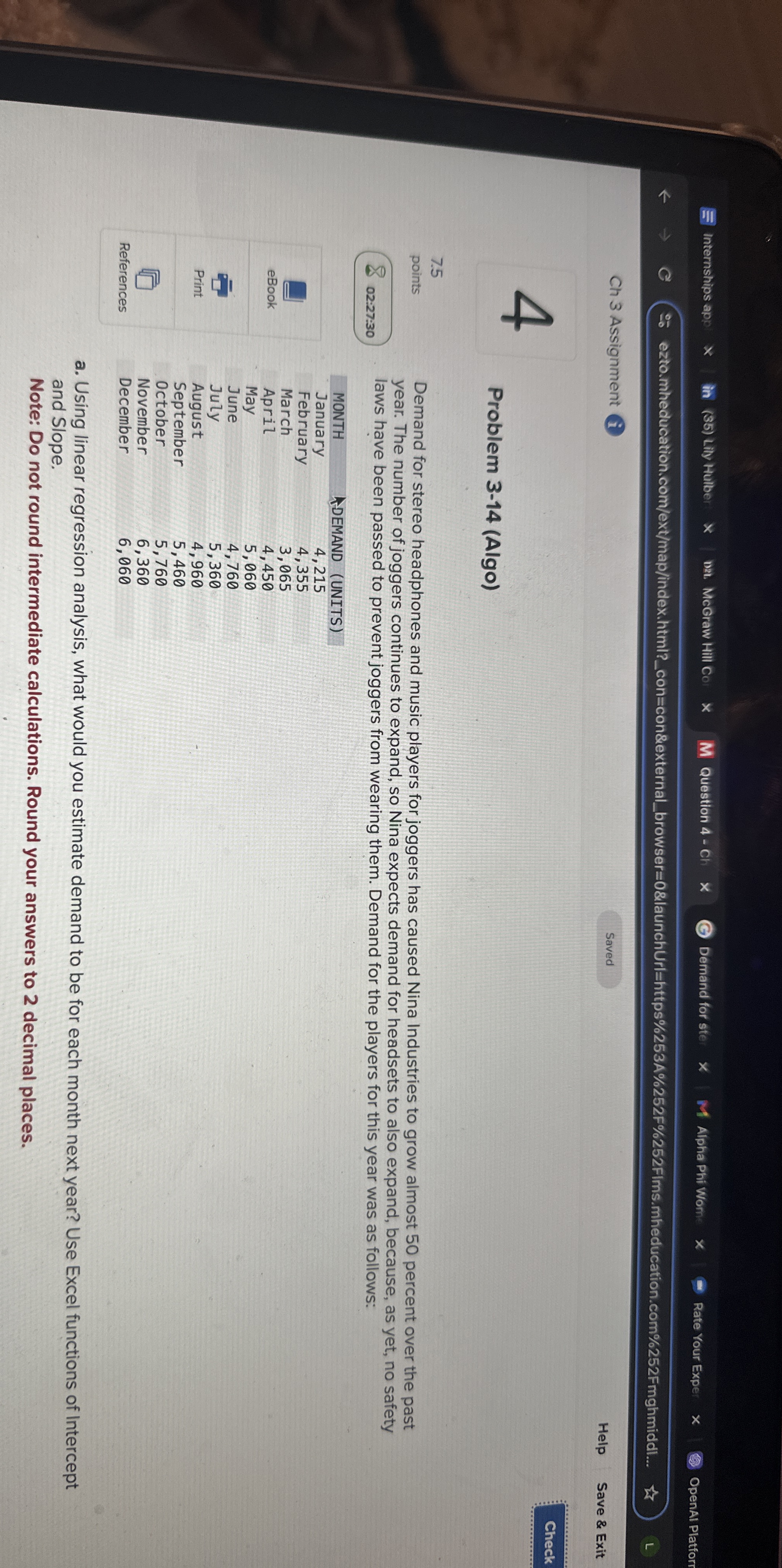  Problem 3-14(Algo) Demand for stereo headphones and music players for joggers