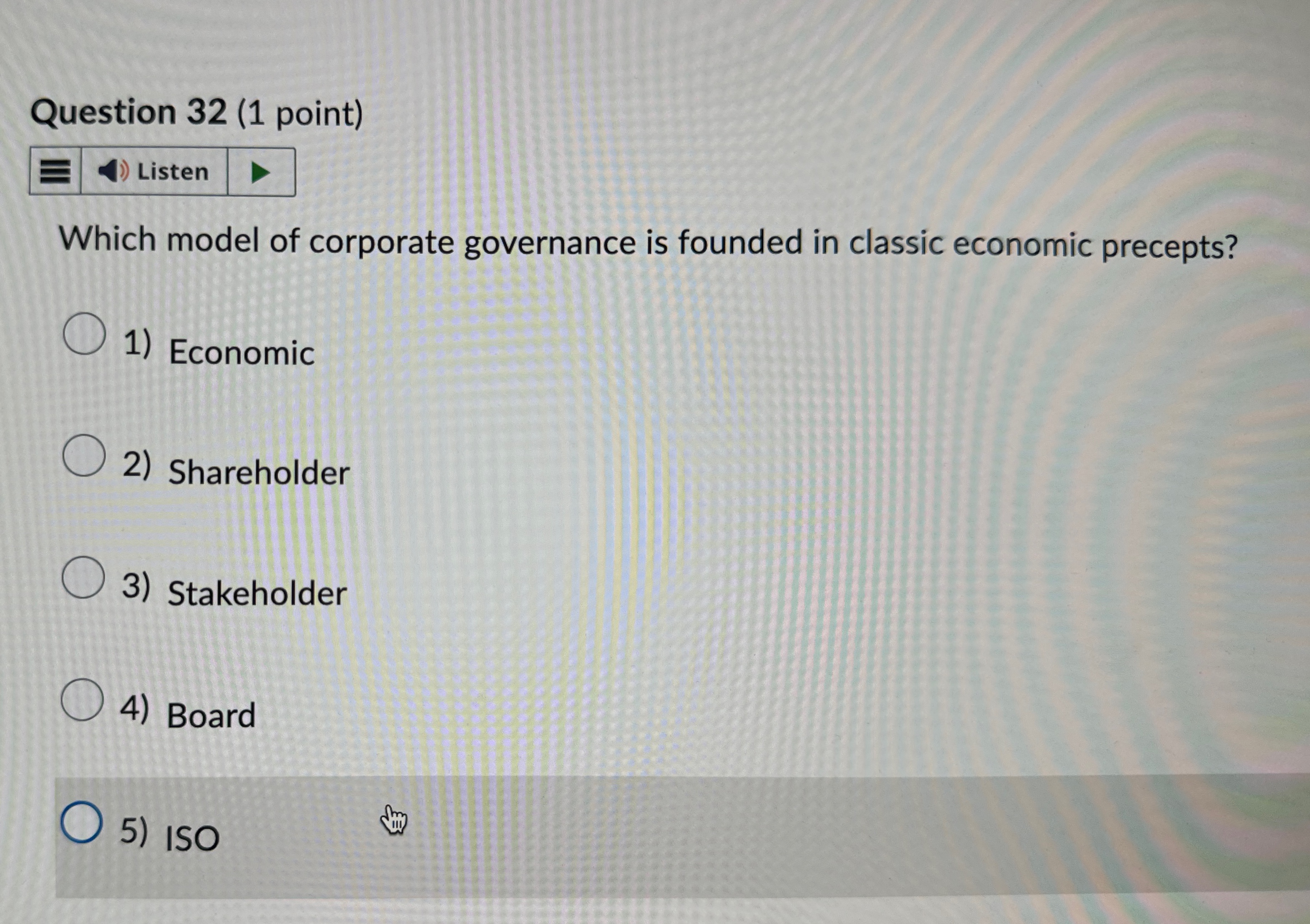  Question 32(1 point) Listen Which model of corporate governance is founded