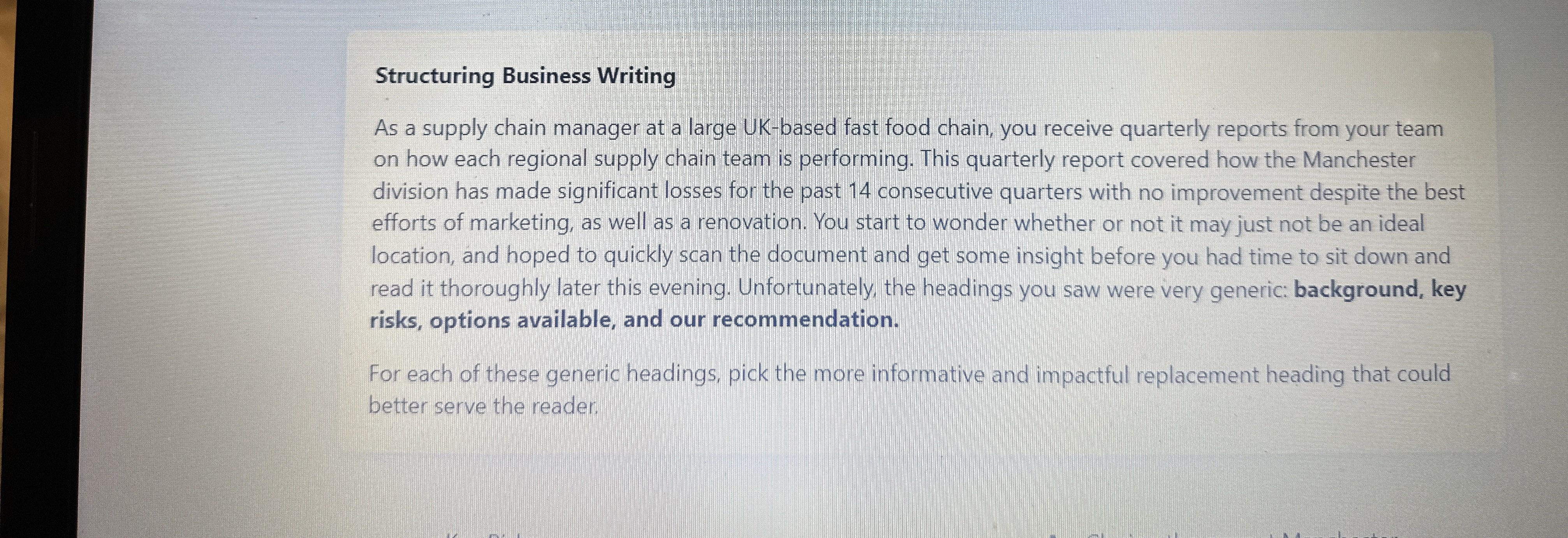  Structuring Business Writing As a supply chain manager at a large