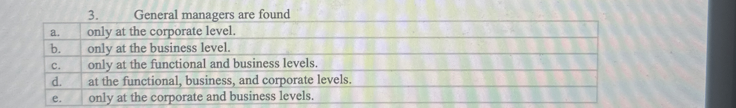  General managers are found a. only at the corporate level. b.
