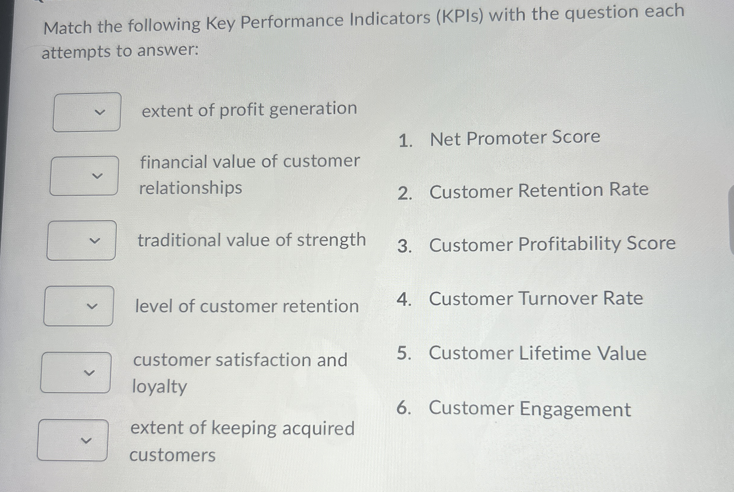  Match the following Key Performance Indicators (KPIs) with the question each
