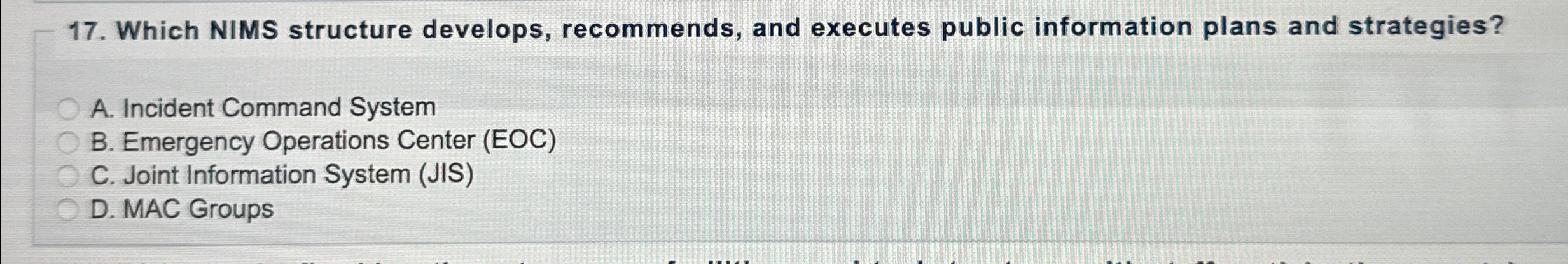  Which NIMS structure develops, recommends, and executes public information plans and