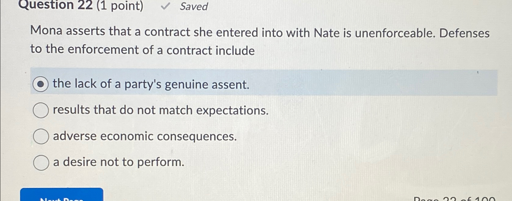 Question 22(1 point) Saved Mona asserts that a contract she entered