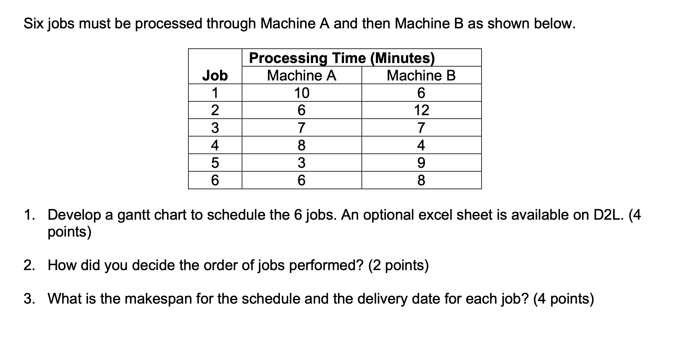  Six jobs must be processed through Machine \( A \) and