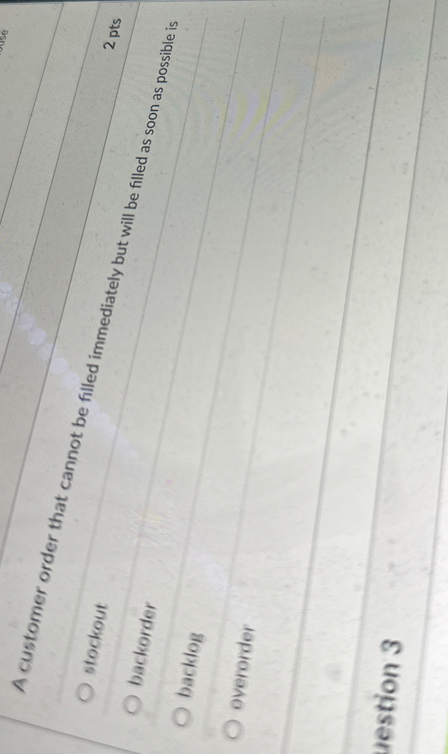  A customer order that cannot be filled immediately but will be