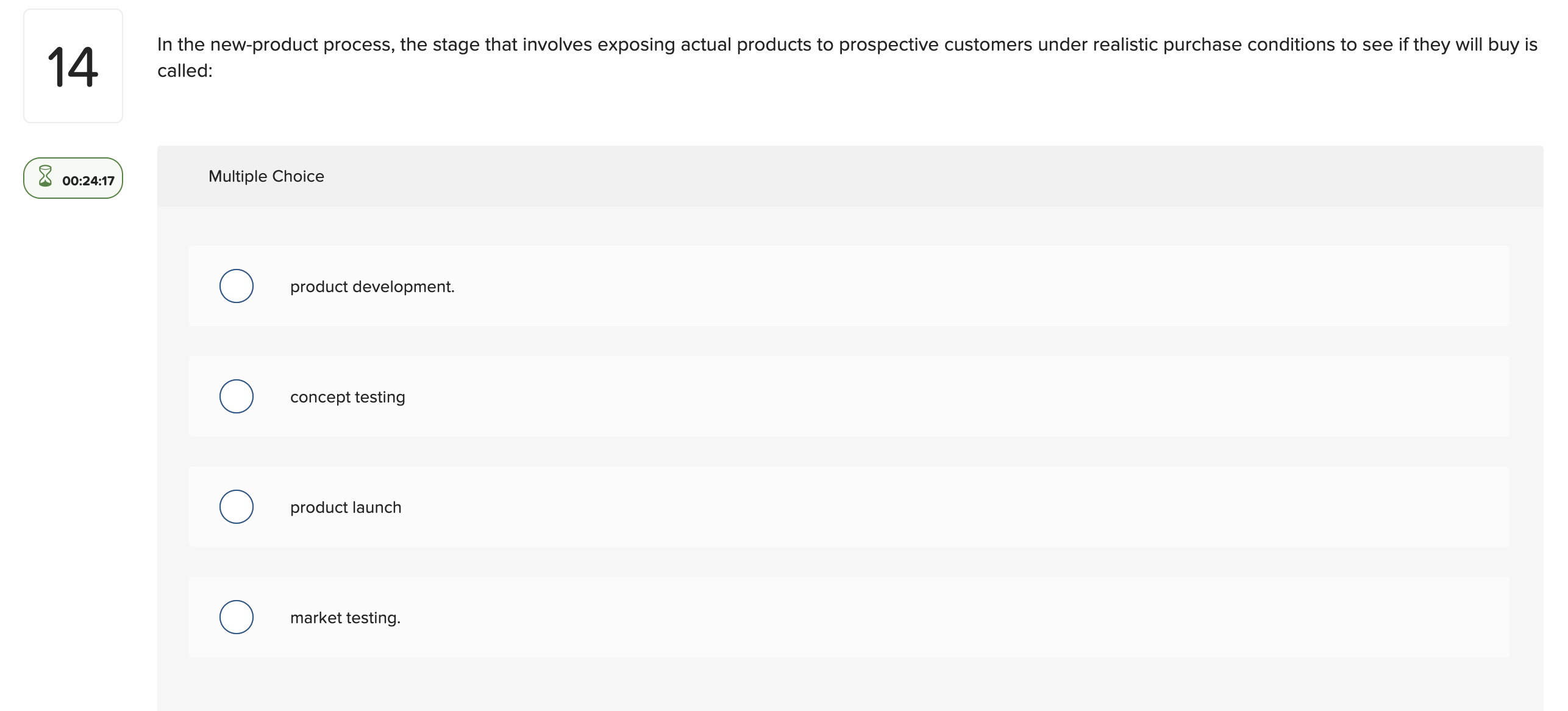  In the new-product process, the stage that involves exposing actual products