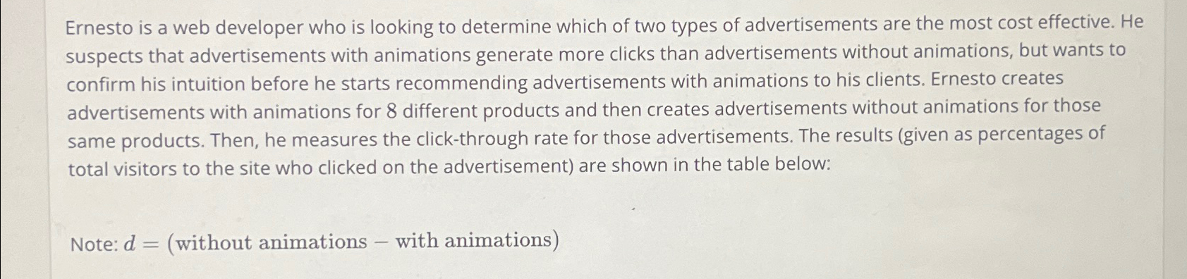  Ernesto is a web developer who is looking to determine which