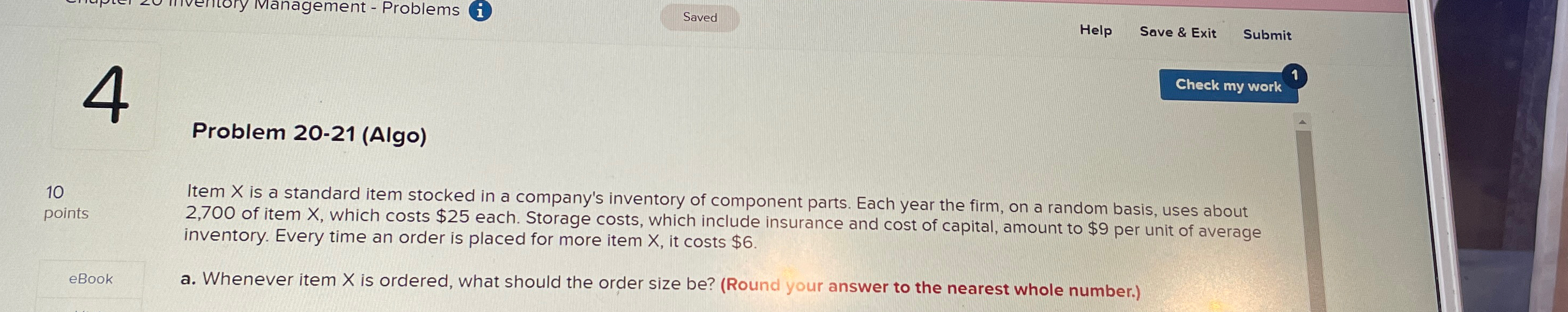  Problem 20-21(Algo) 10 points Item x is a standard item stocked