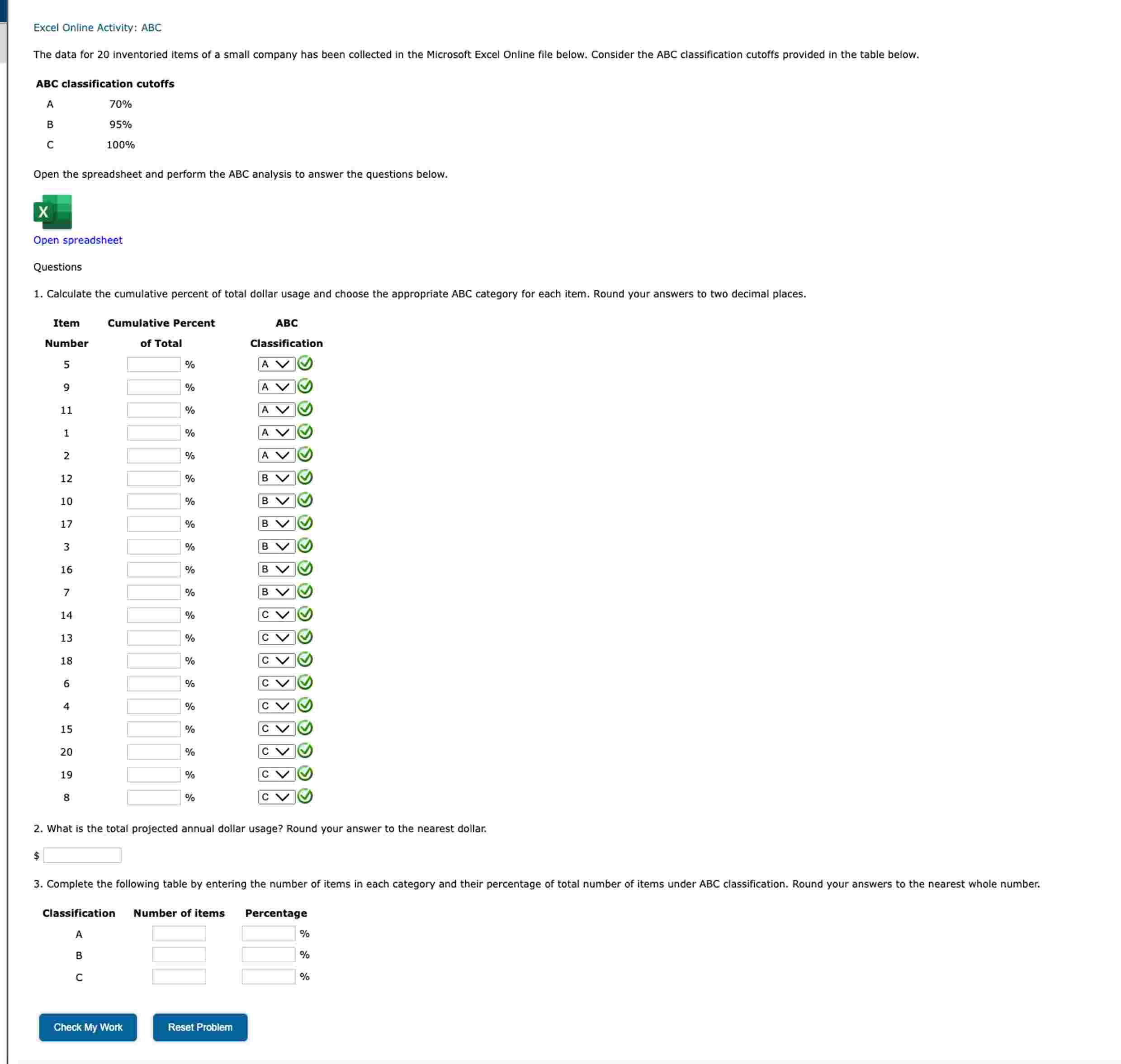  Excel Online Activity: \( A B C \) The data for