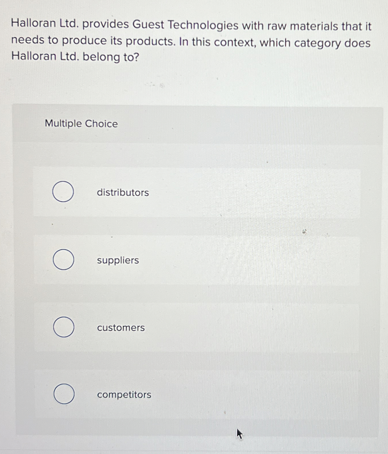  Halloran Ltd. provides Guest Technologies with raw materials that it needs