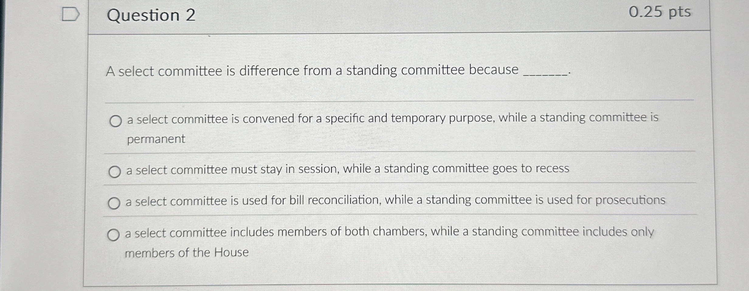  Question 2 0.25 pts A select committee is difference from a