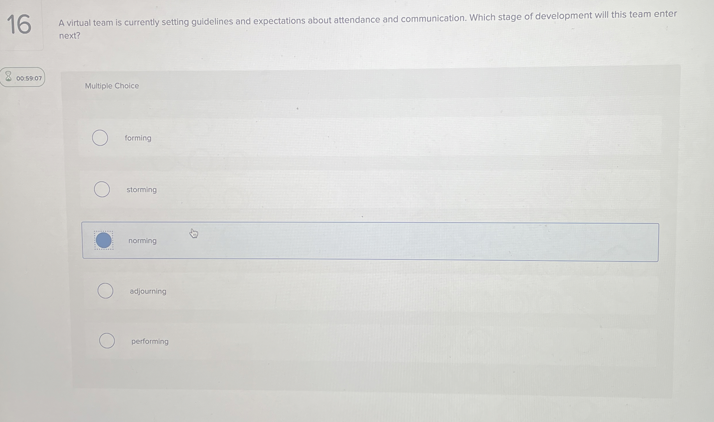  16 A virtual team is currently setting guidelines and expectations about