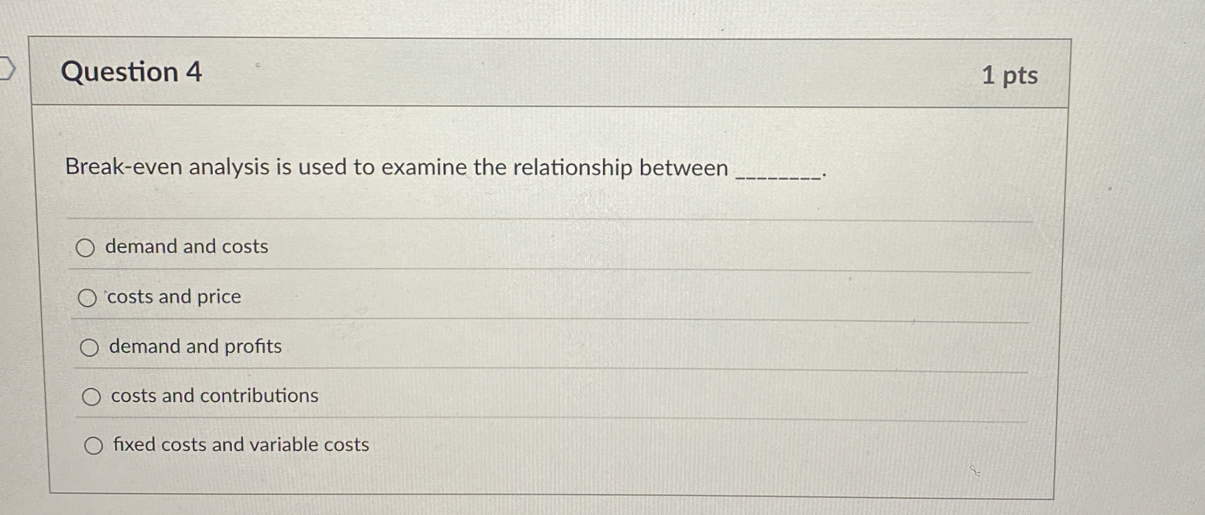  Question 4 1 pts Break-even analysis is used to examine the