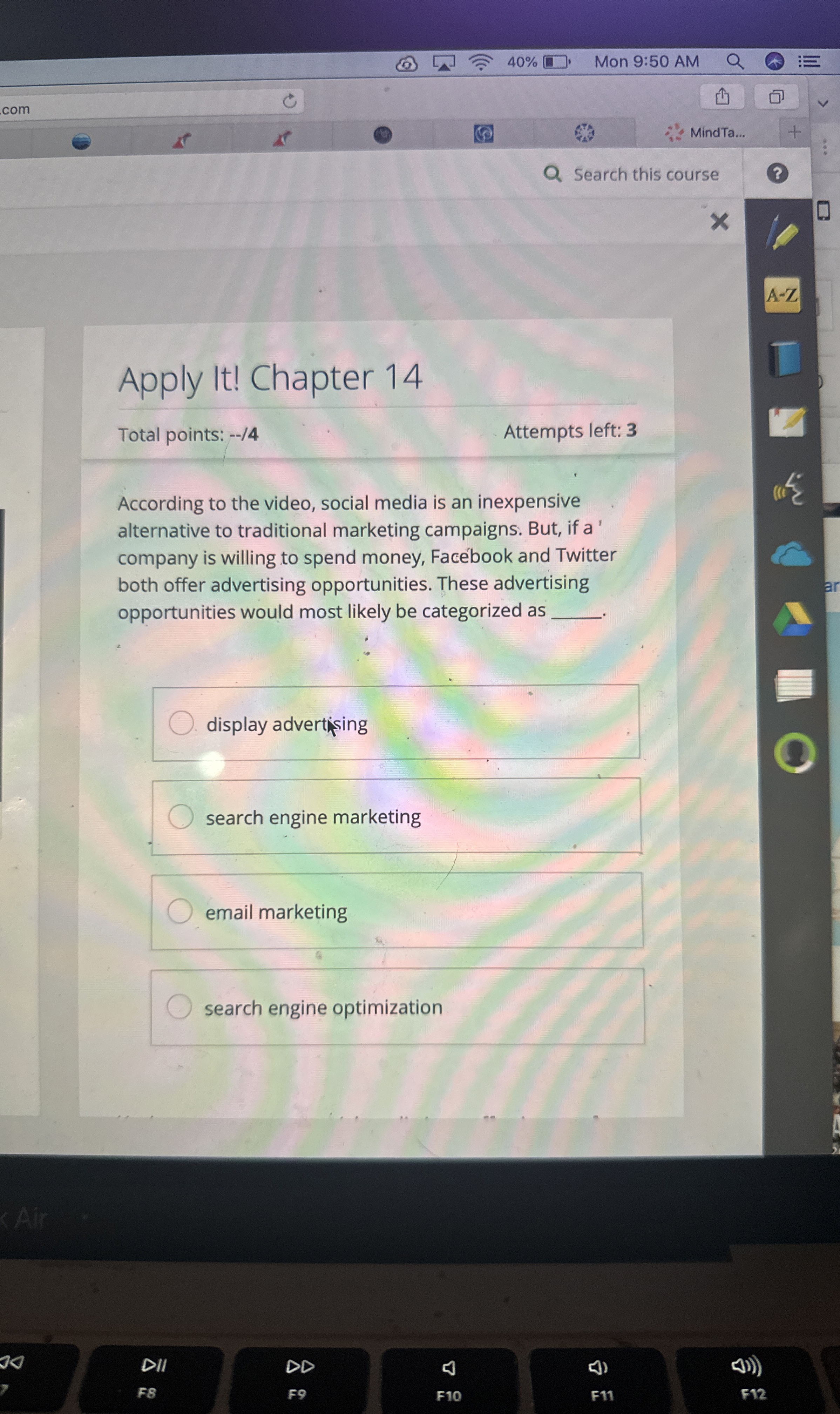  40% Mon 9:50 AM com Search this course Apply It! Chapter