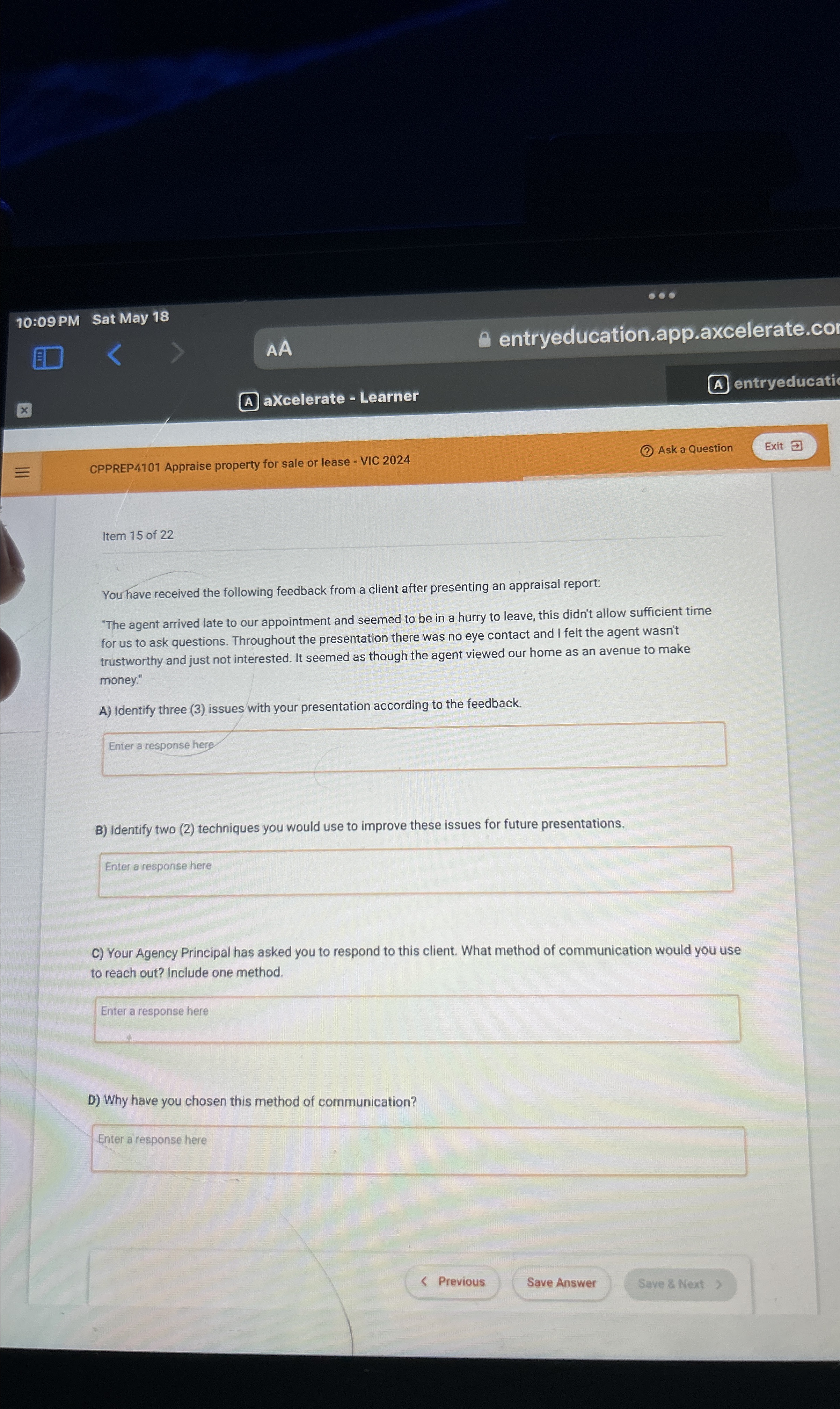  AA entryeducation.app.axcelerate.co A axcelerate - Learner entryeducati CPPREP4101 Appraise property for