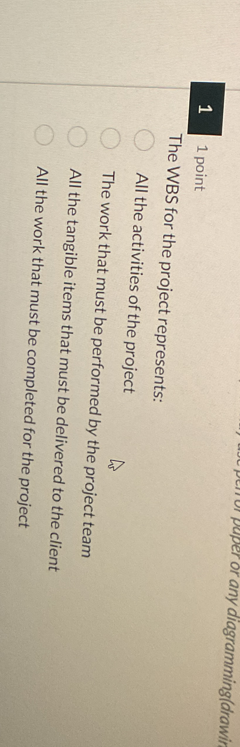 1 1 point The WBS for the project represents: All the