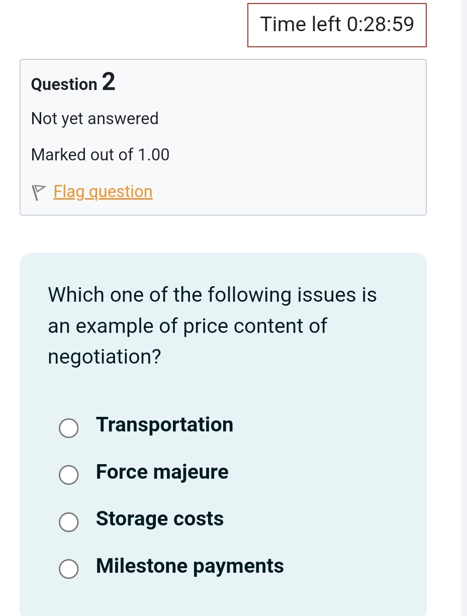  Time left 0:28:59 Question 2 Not yet answered Marked out of