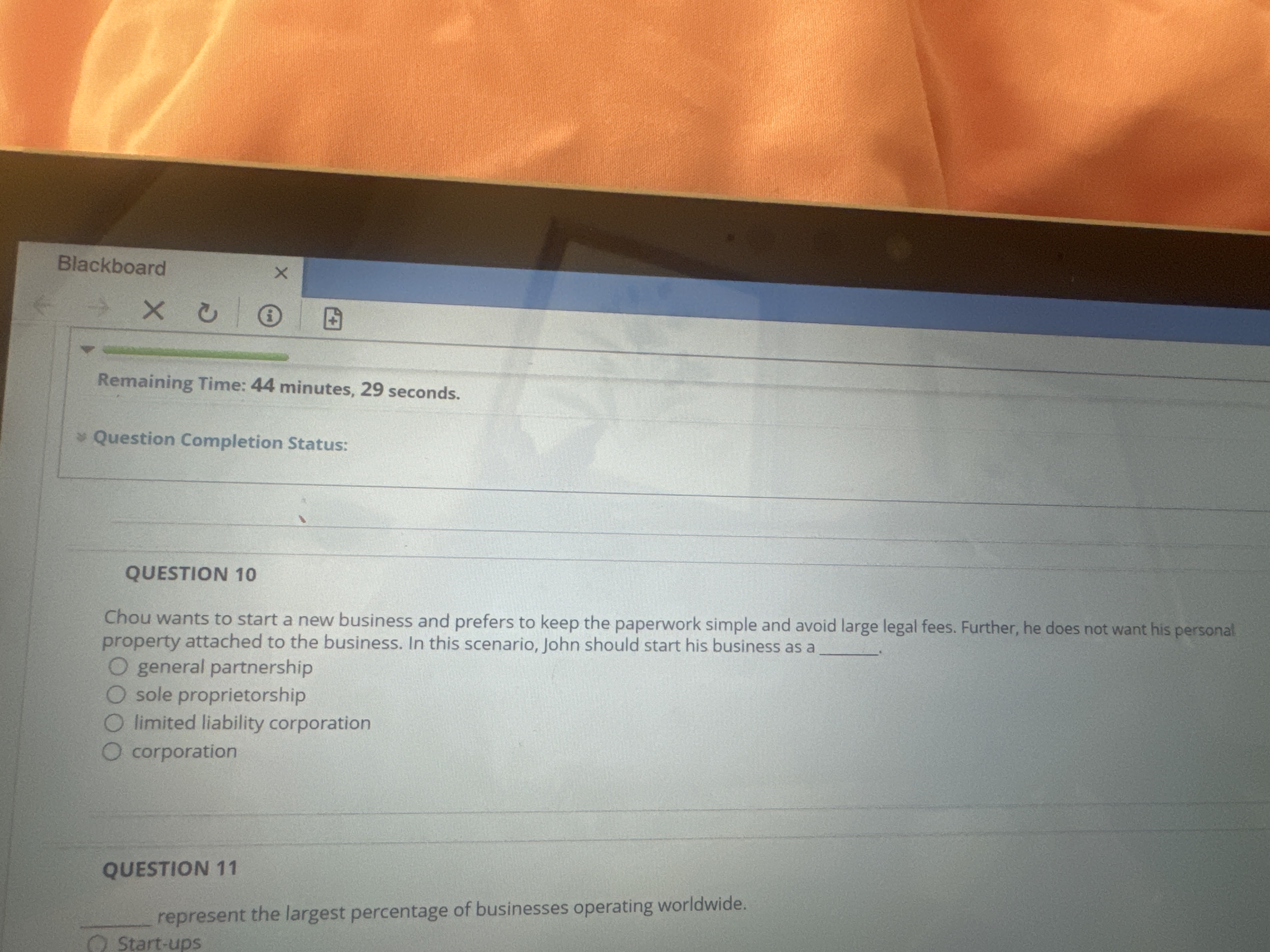  Blackboard Remaining Time: 44 minutes, 29 seconds. Question Completion Status: QUESTION