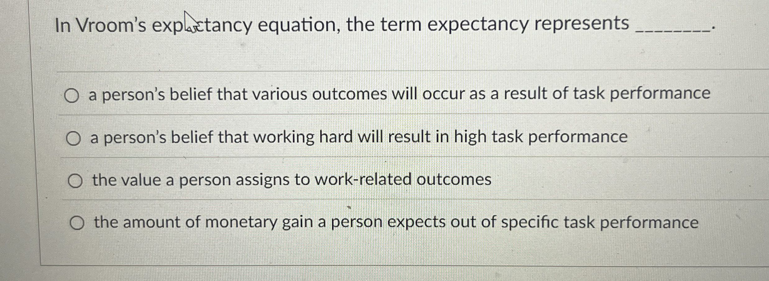  In Vroom's expartancy equation, the term expectancy represents a person's belief