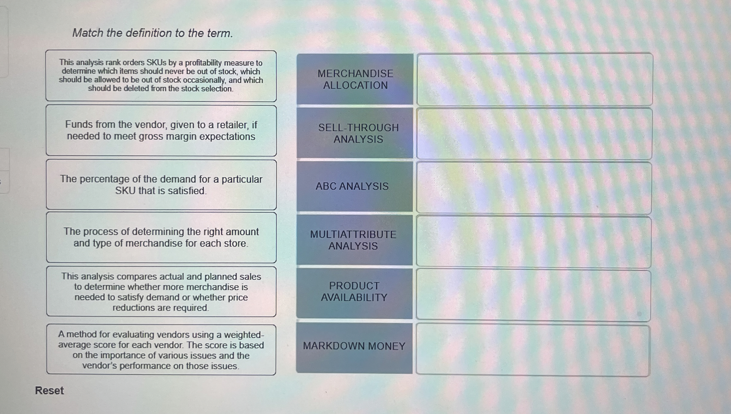  Match the definition to the term. This analysis rank orders SKUs