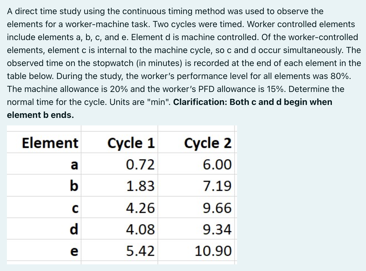  A direct time study using the continuous timing method was used