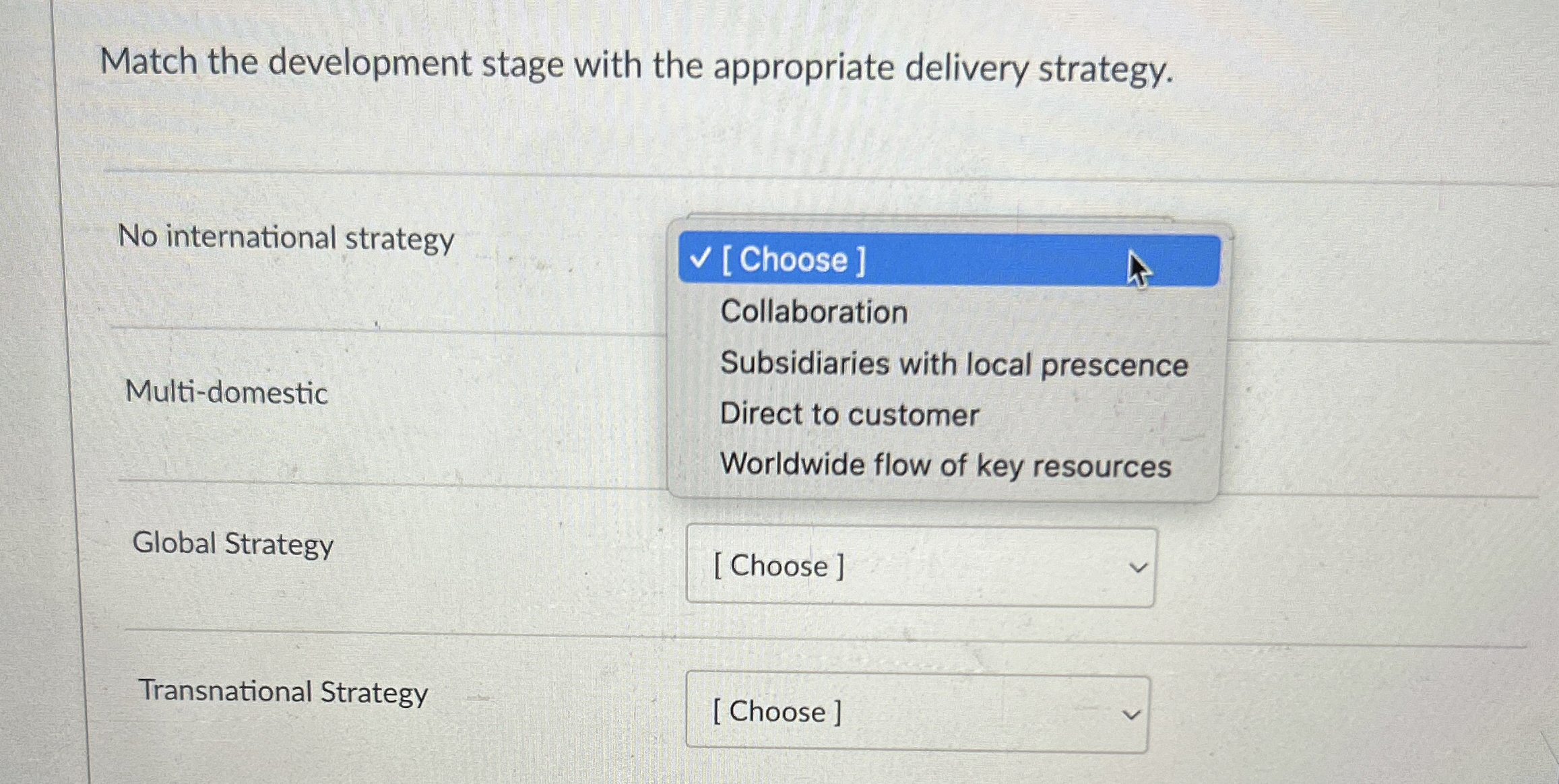  Match the development stage with the appropriate delivery strategy. No international