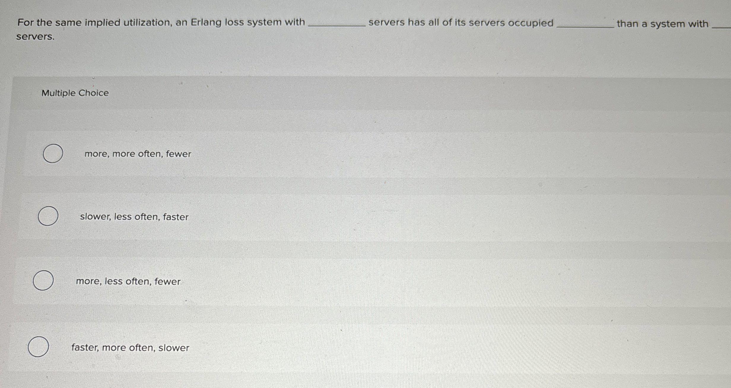  For the same implied utilization, an Erlang loss system with servers