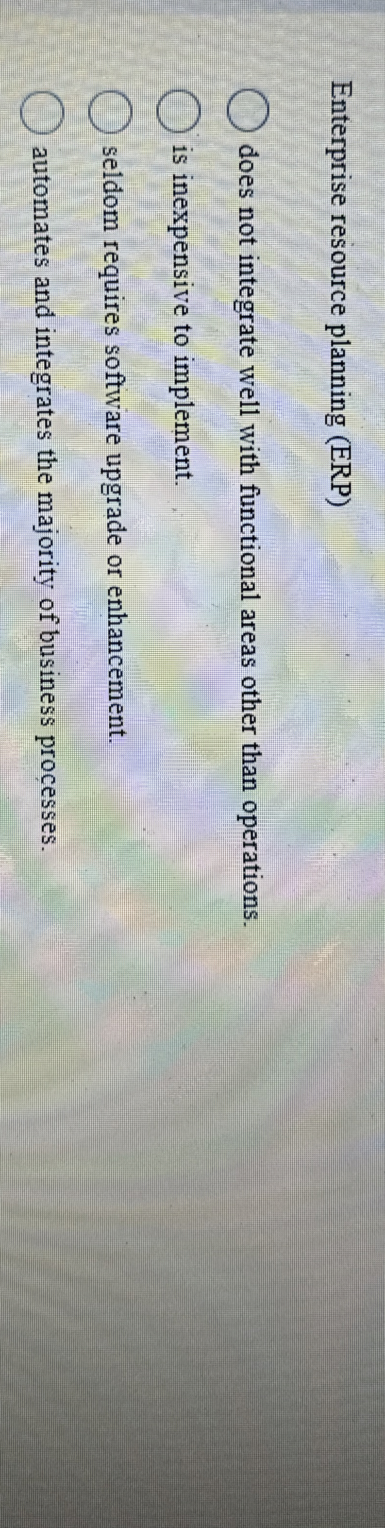  Enterprise resource planning (ERP) does not integrate well with functional areas