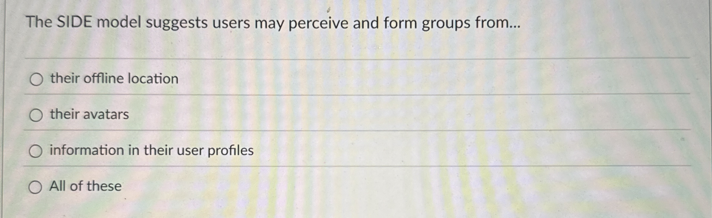  The SIDE model suggests users may perceive and form groups from...