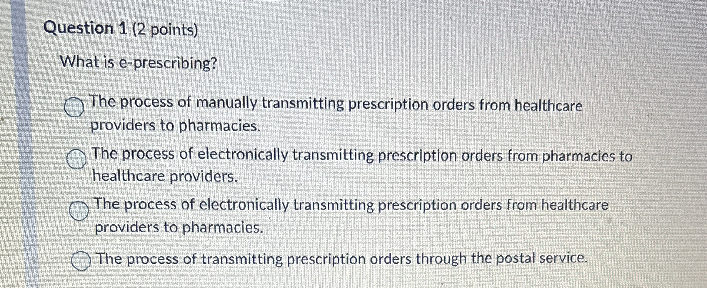  Question 1(2 points) What is e-prescribing? The process of manually transmitting