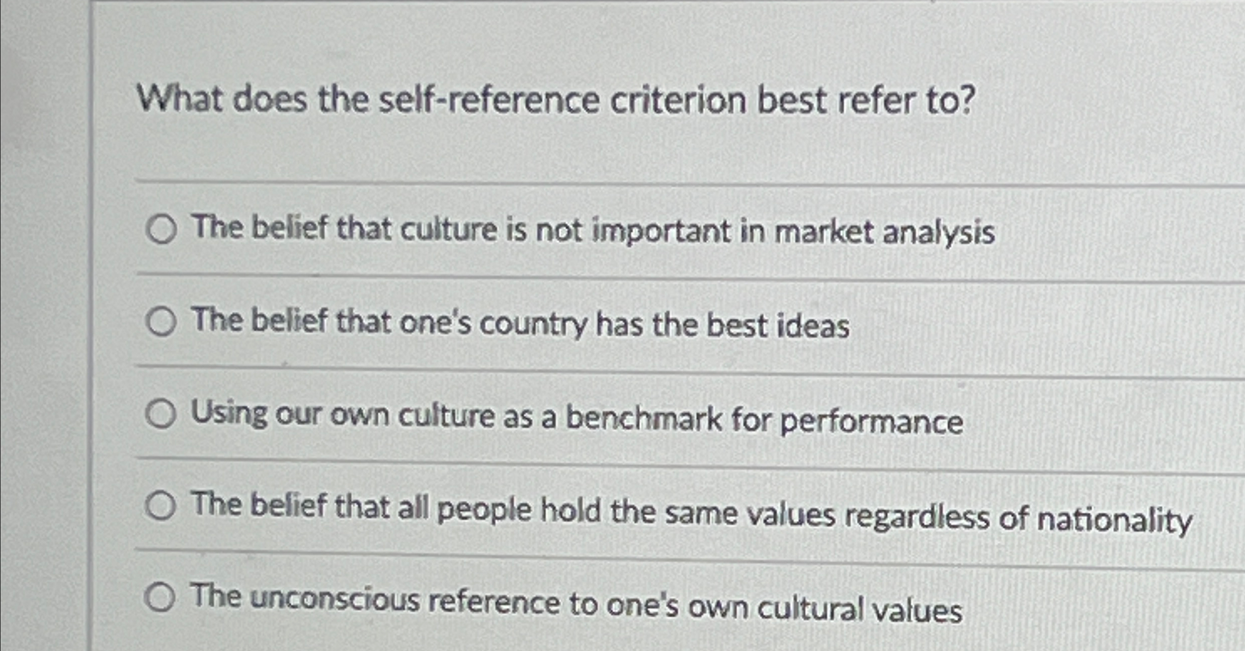  What does the self-reference criterion best refer to? The belief that