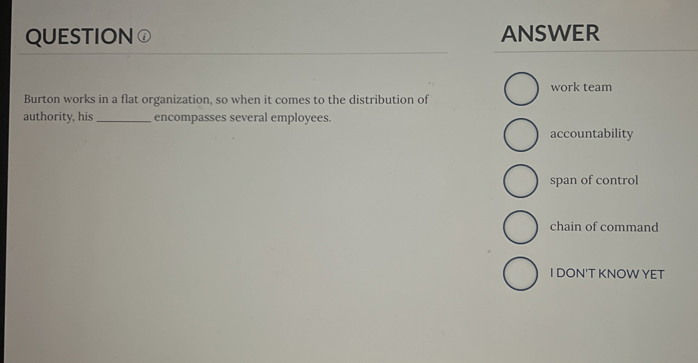  QUESTION ANSWER Burton works in a flat organization, so when it