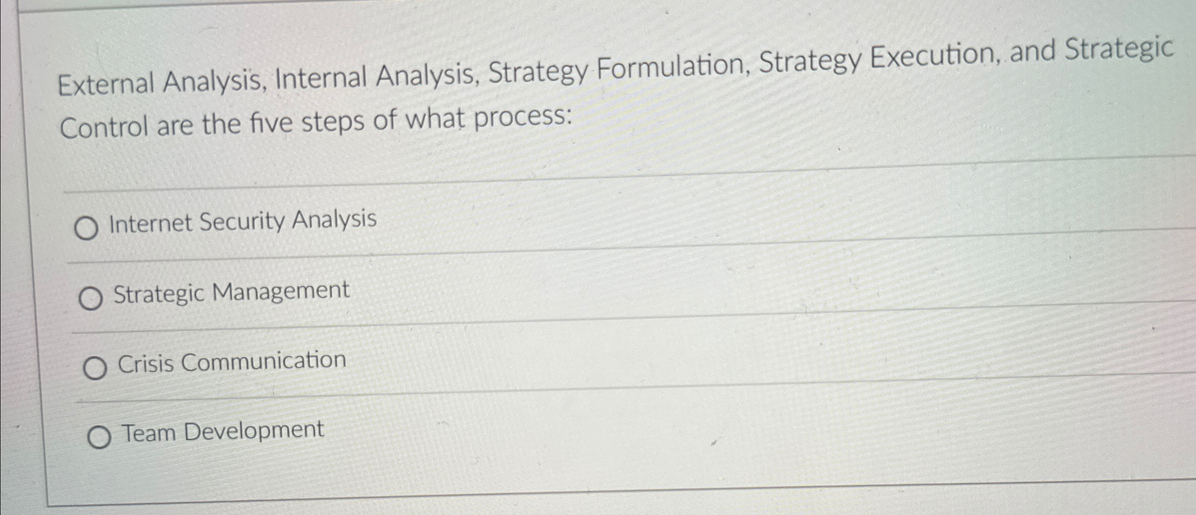  External Analysis, Internal Analysis, Strategy Formulation, Strategy Execution, and Strategic Control