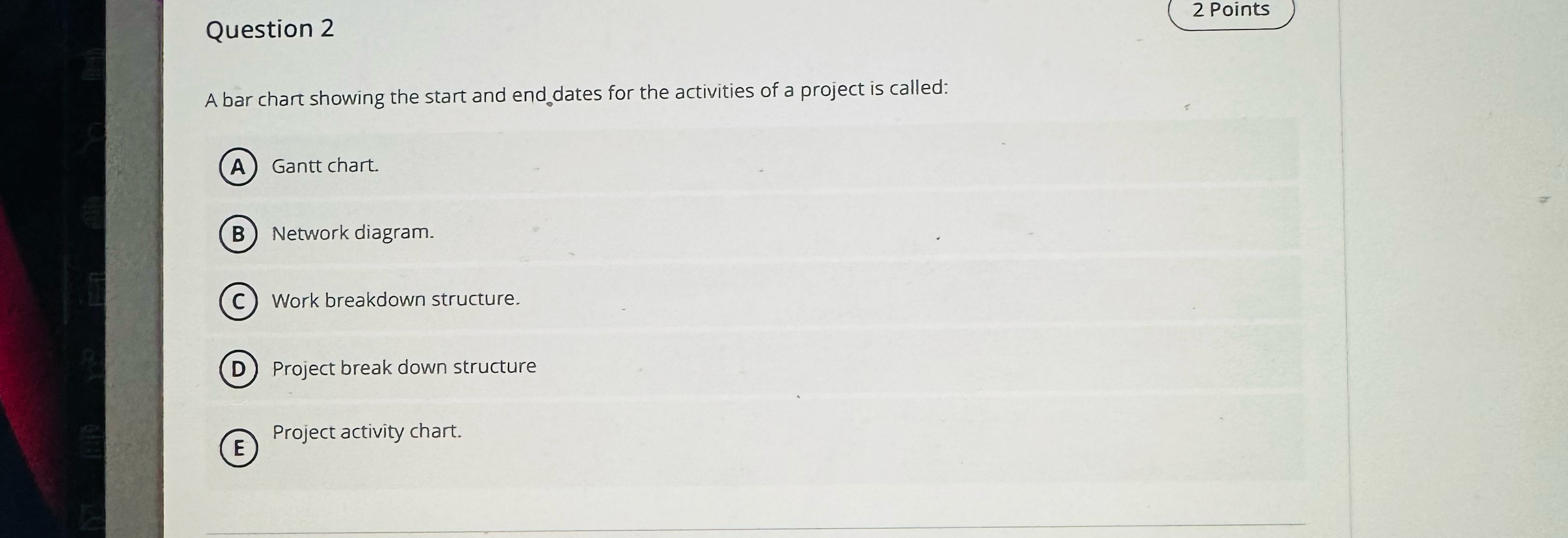  Question 2 2 Points A bar chart showing the start and
