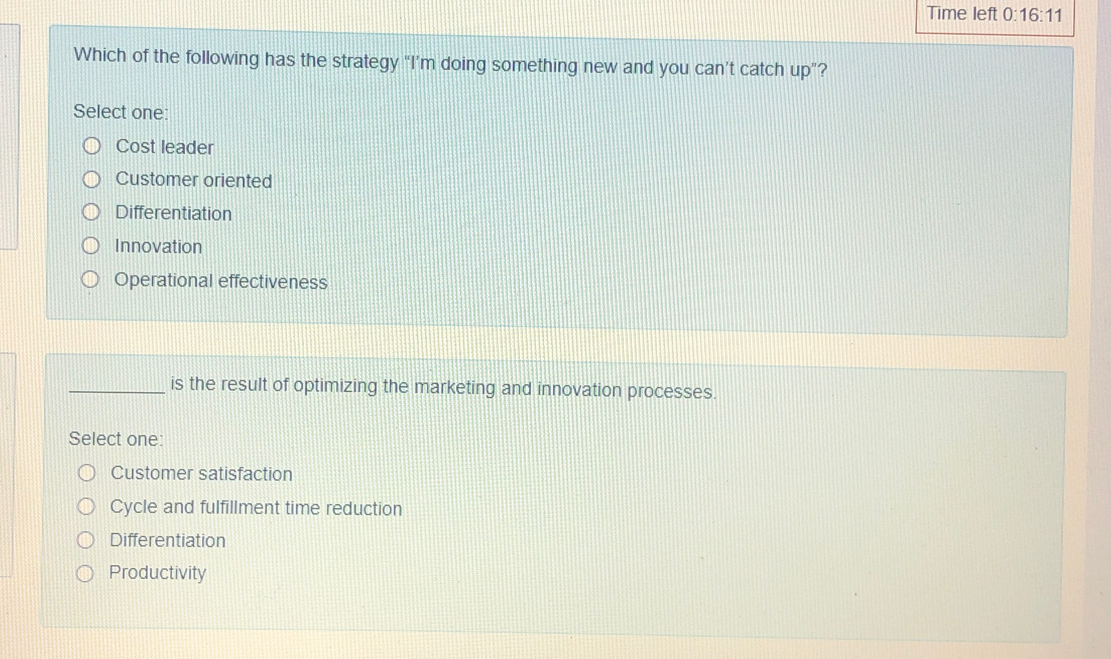  Time left 0:16:11 Which of the following has the strategy "I'm