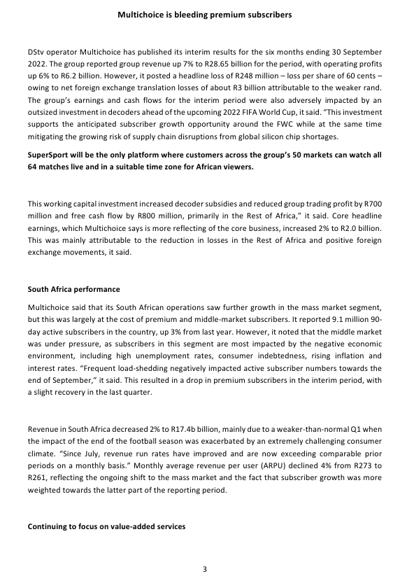  Multichoice is bleeding premium subscribers The group said that it is