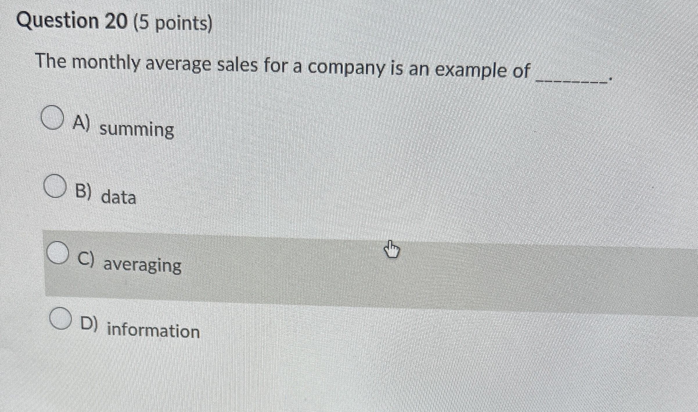  Question 20(5 points) The monthly average sales for a company is