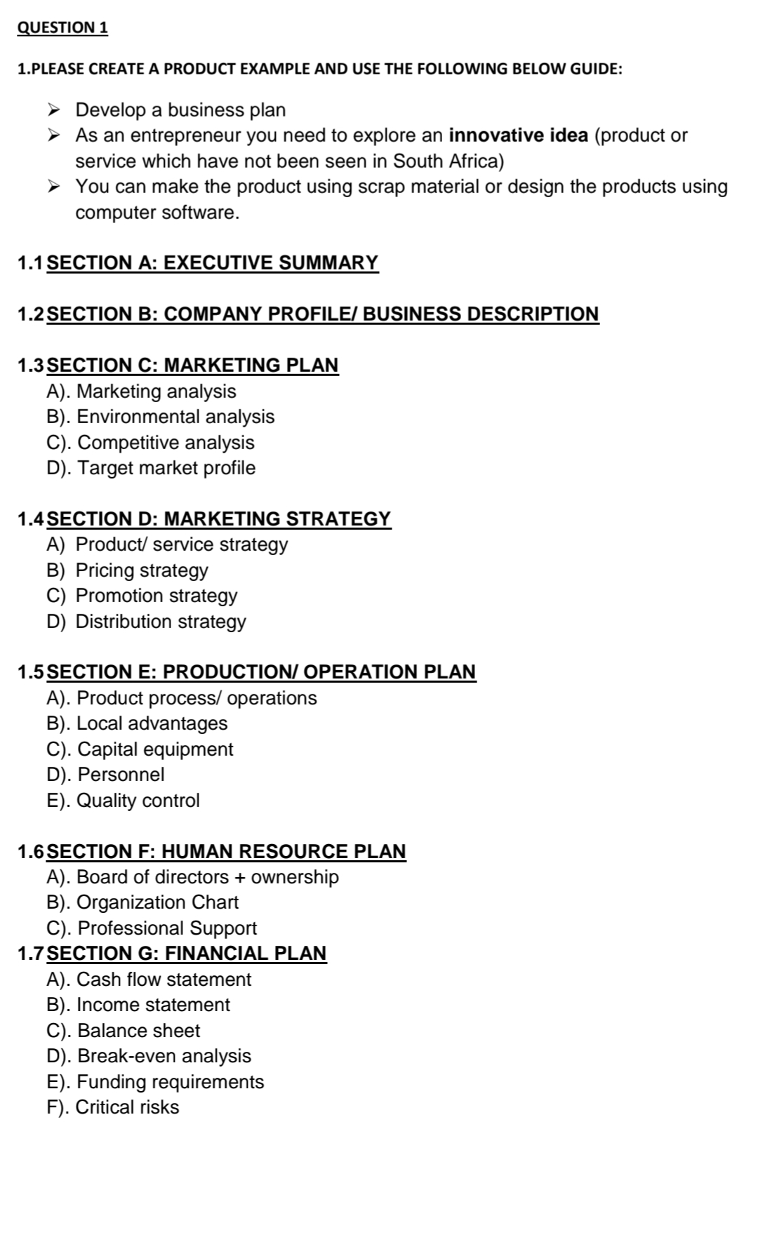  QUESTION 1 1.PLEASE CREATE A UNIQUE PRODUCT EXAMPLE OR IMPROVE ON