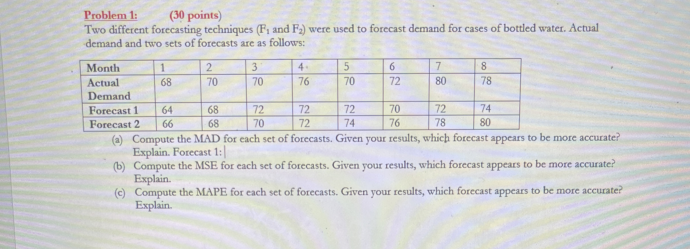 Problem 1: (30 points) Two different forecasting techniques and (:F2} were