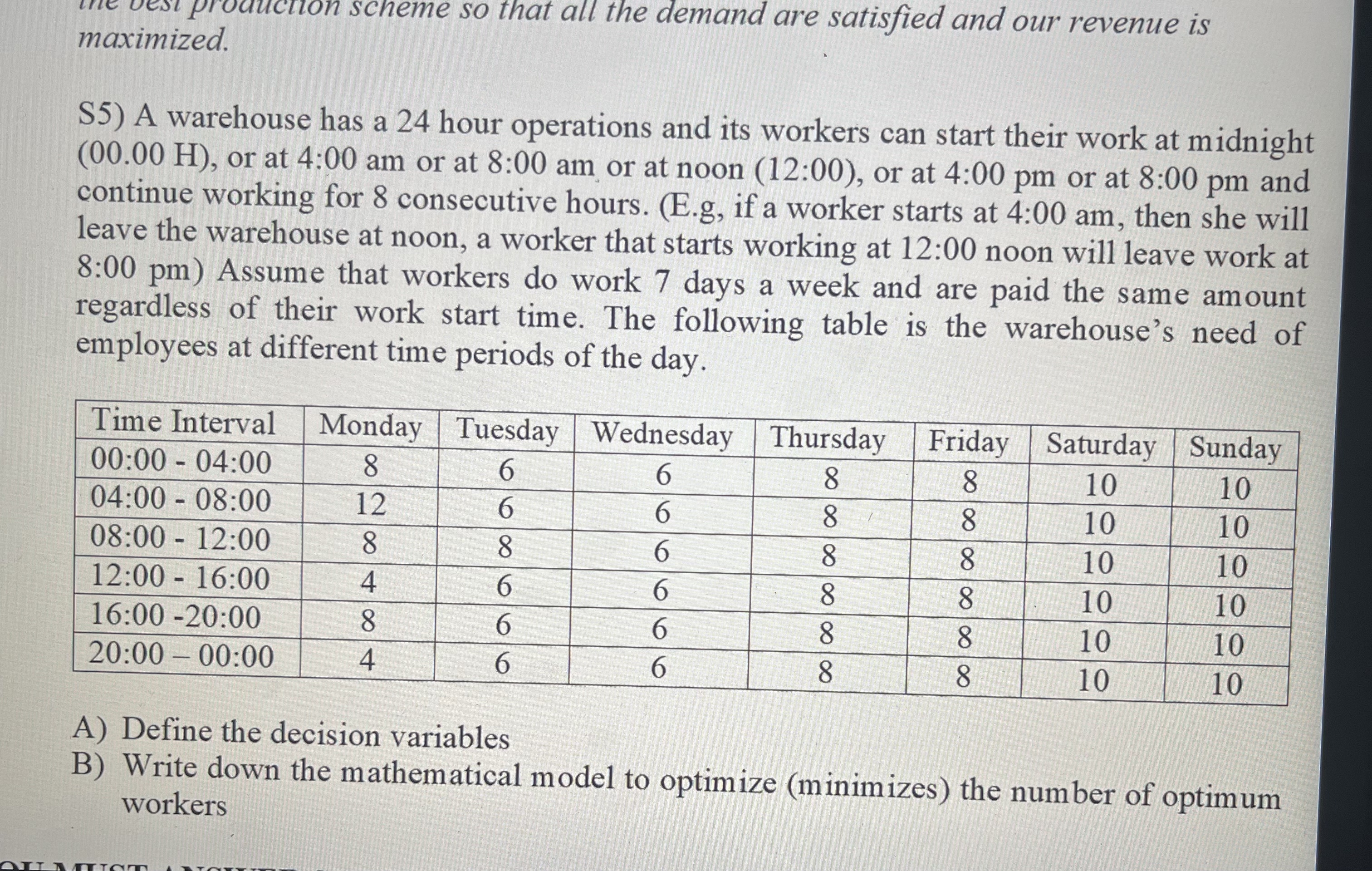  maximized. S5) A warehouse has a 24 hour operations and its