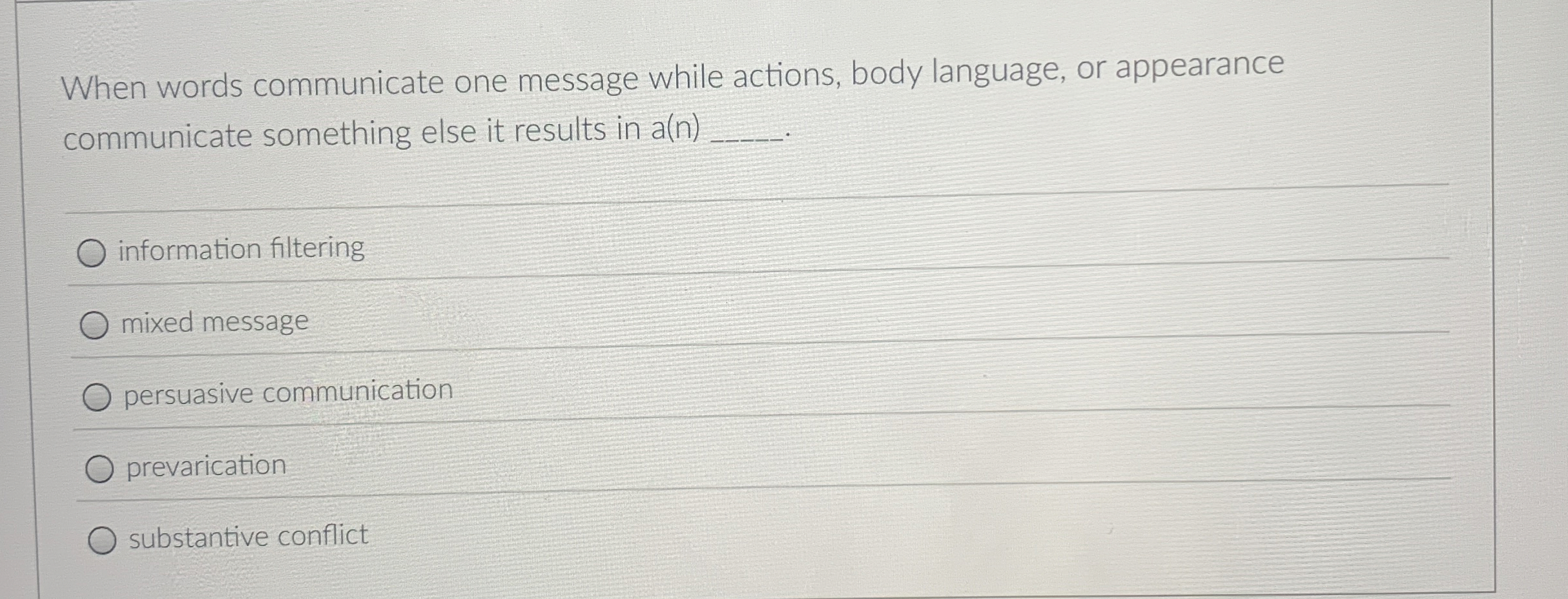  When words communicate one message while actions, body language, or appearance