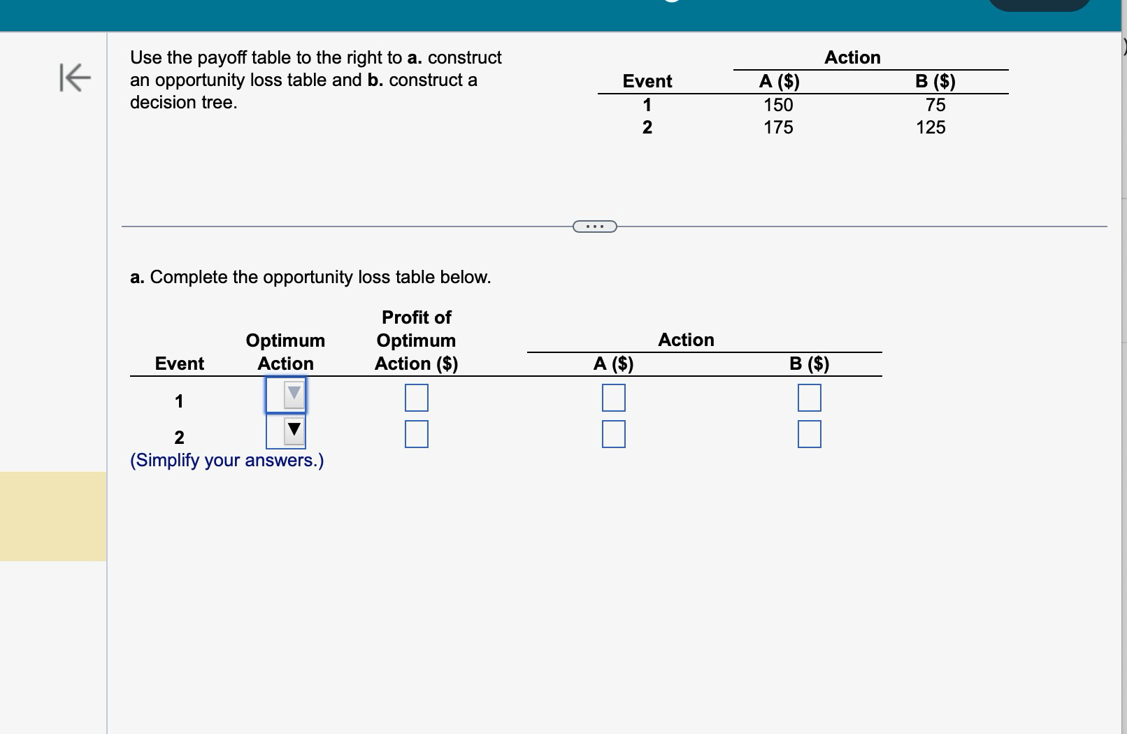  Use the payoff table to the right to a. construct an