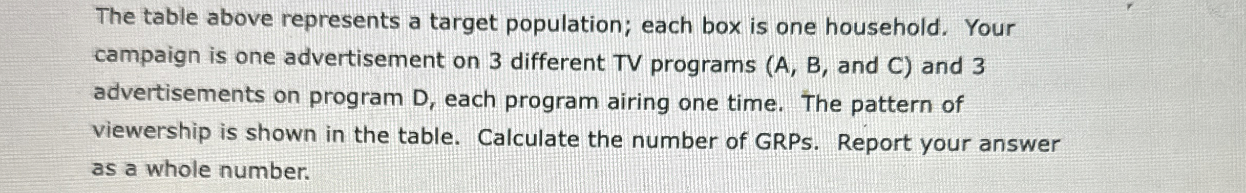  The table above represents a target population; each box is one