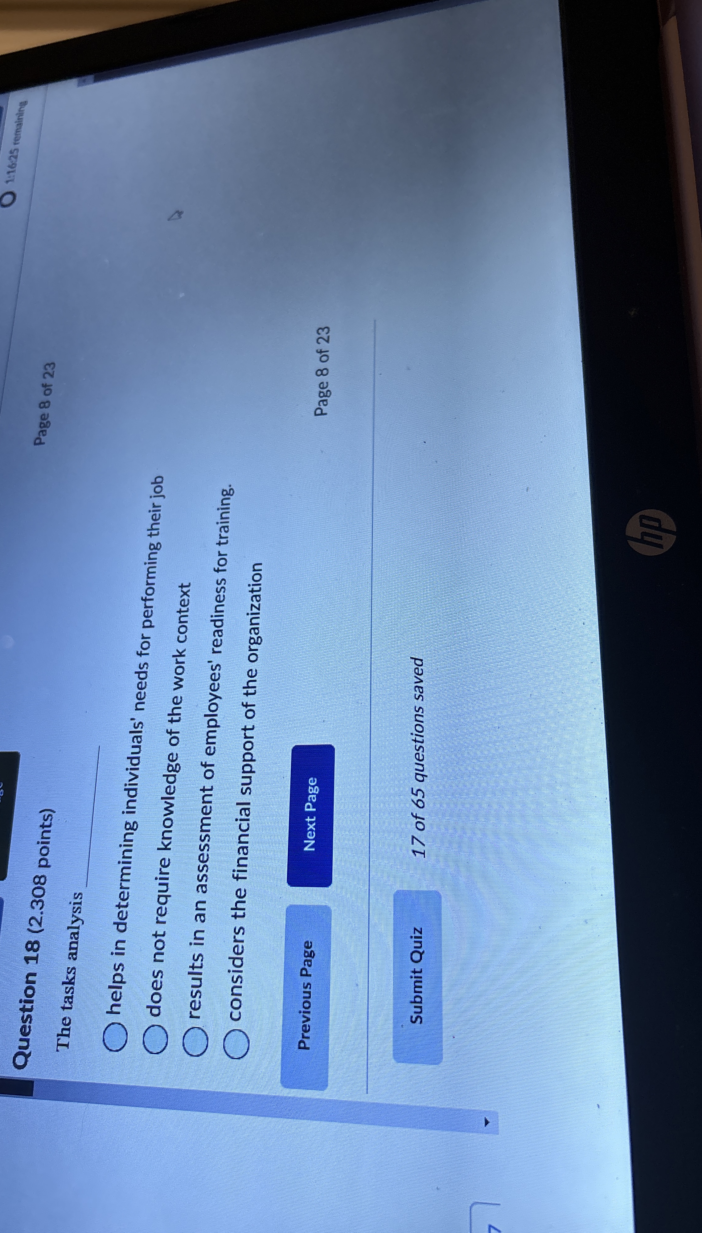  Question 18(2.308 points) Page 8 of 23 1:16:25 remaining The tasks