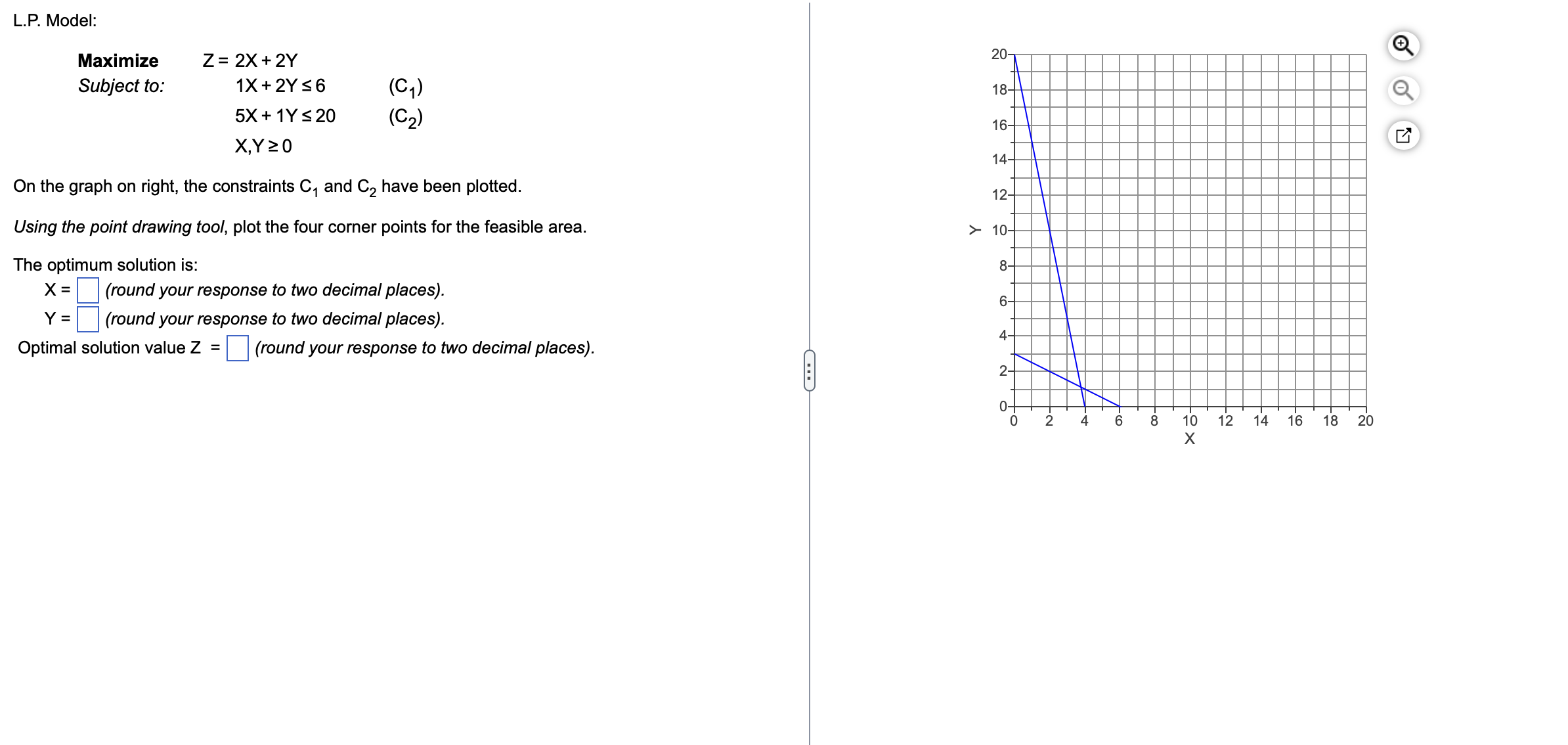  L.P. Model: {:[Maximize]Subjectto:,Z=2x+2Y-1,(C1), On the graph on right, the constraints C1