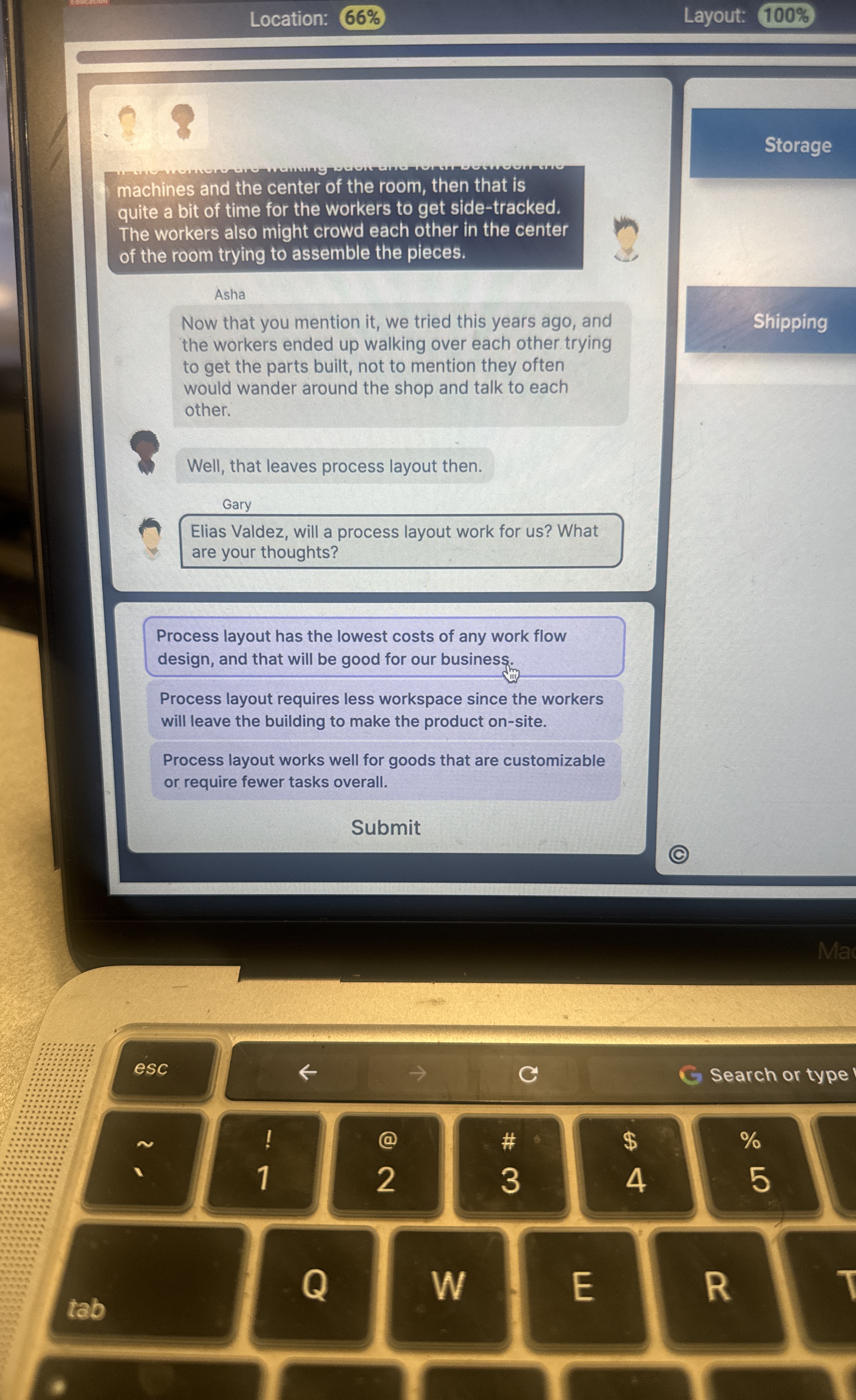  Location: 66% Layout: 100% Storage machines and the center of the