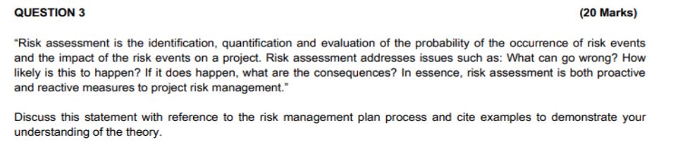  QUESTION 3 (20 Marks) Cability of the occurrence of risk events